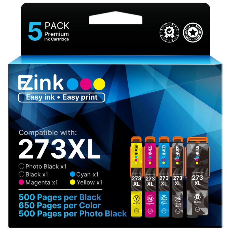 E-Z Ink Remanufactured 273 Ink Cartridge Replacement for Epson 273xl T273XL to use with XP-520 XP-600 XP-610 XP-620 XP-800 XP-810 XP-820 (5 Pack-Black, Cyan, Magenta, Yellow, Photo Black) - Image 1